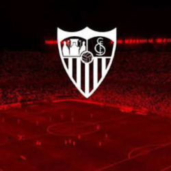 Escudo del Sevilla FC con fondo rojo