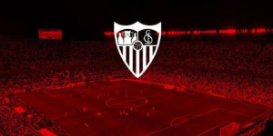 Escudo del Sevilla FC con fondo rojo